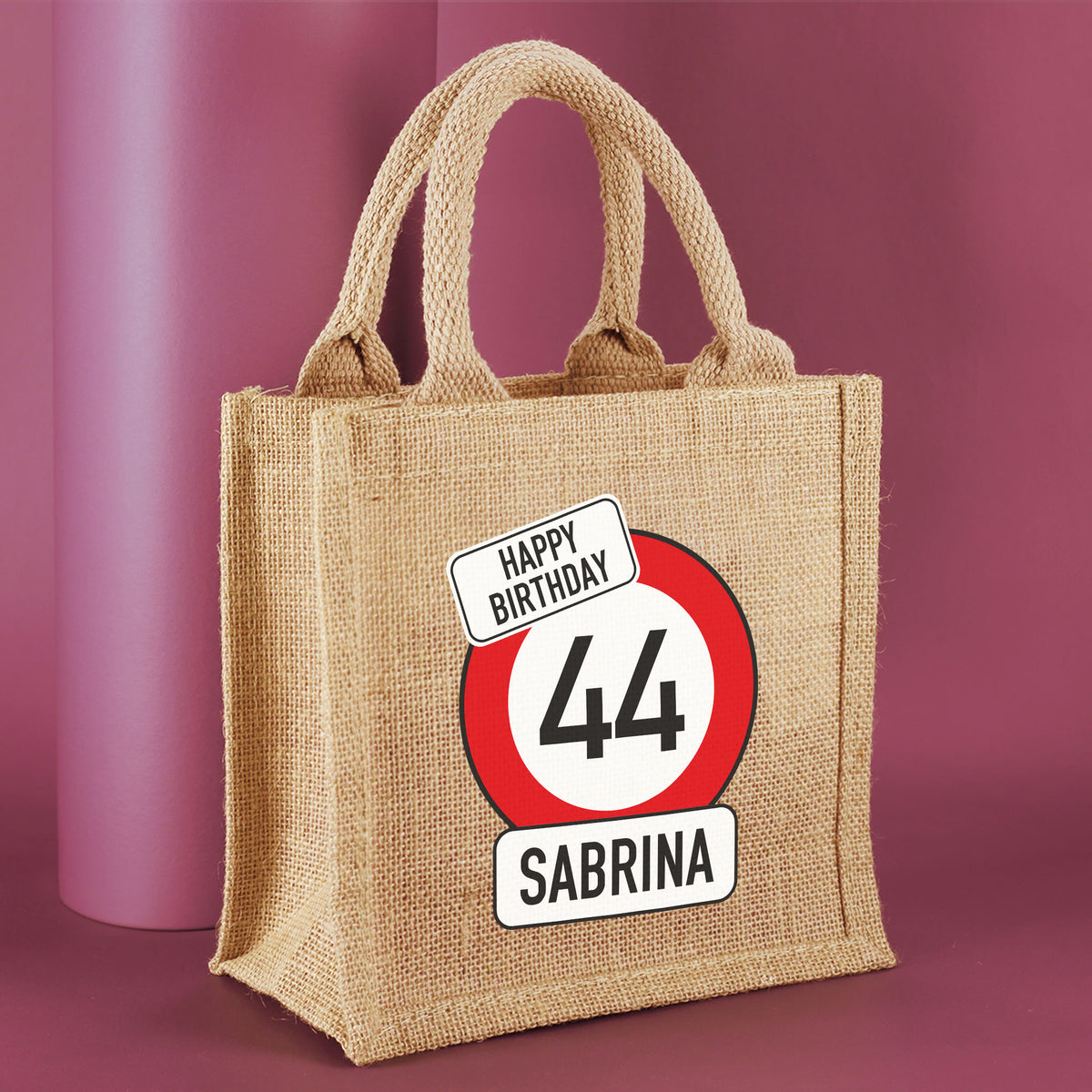 Personalisierte Jute-Geschenktasche mit Verkehrszeichen-Motiv zum Geburtstag