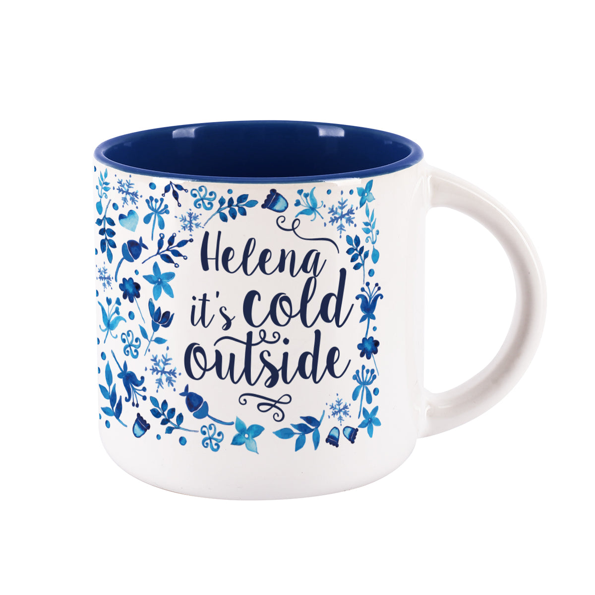 Große winterliche Tasse - it's cold outside - mit Name, Schneeflocken und Blüten