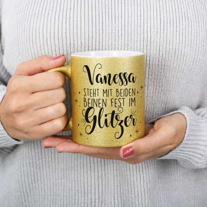 Goldene Glitzertasse mit Namen und Spruch