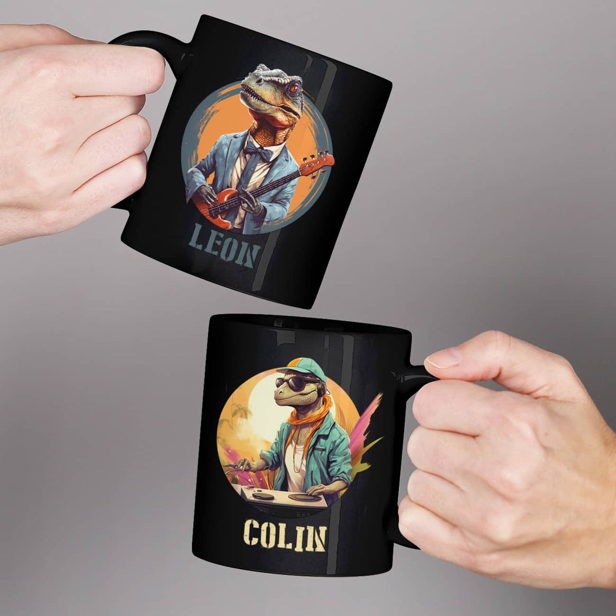 Schwarze Tasse mit coolen Dinosauriern und Name