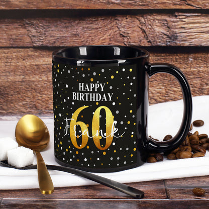 Geburtstagstasse "Happy Birthday" mit Name & Alter in Schwarz und Konfettidesign