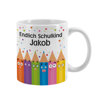 Endlich Schulkind Tasse mit Name in persönlicher Tassentasche