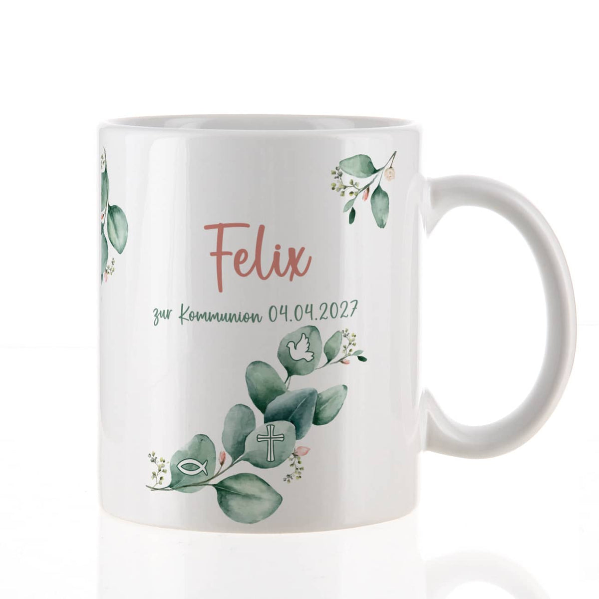 Tasse mit Eukalyptuszweig zur Kommunion, Konfirmation und mehr