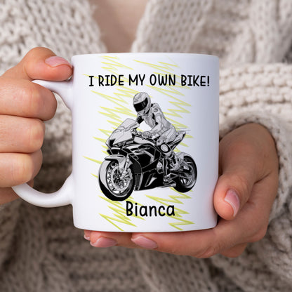 Keramiktasse Racing-Bike, personalisiert mit Wunschtext und Name