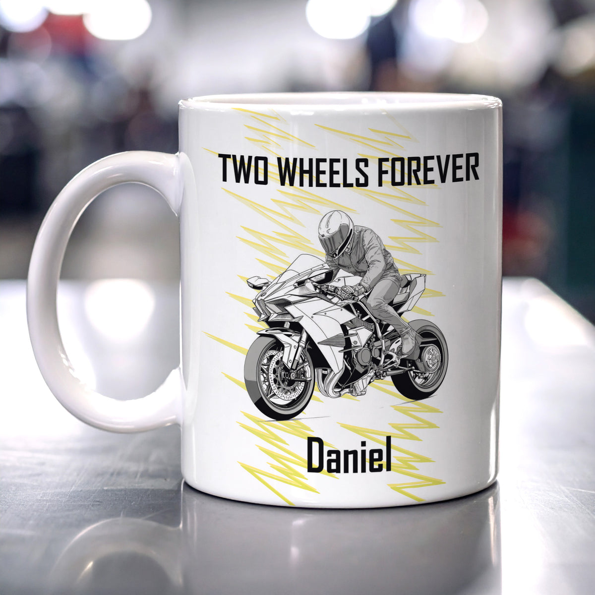 Motorradtasse mit Supersportler-Motiv und Namensaufdruck