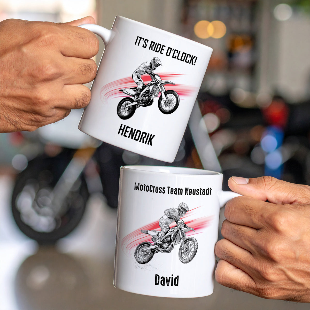Keramiktasse mit Motocross-Motiv, Name Hendrik und Teamtext, personalisiert