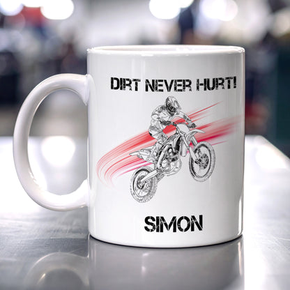 Motocross-Tasse mit Spruch Dirt Never Hurt und personalisiertem Namen Simon