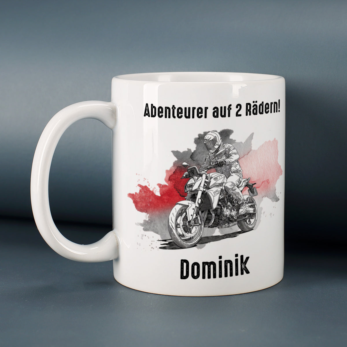 Biker-Tasse Naked Bike mit Spruch Abenteurer auf 2 Rädern und Name Dominik