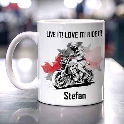 Naked-Bike-Tasse mit Motorradfahrer und Spruch Live it, Love it, Ride it, Name Stefan
