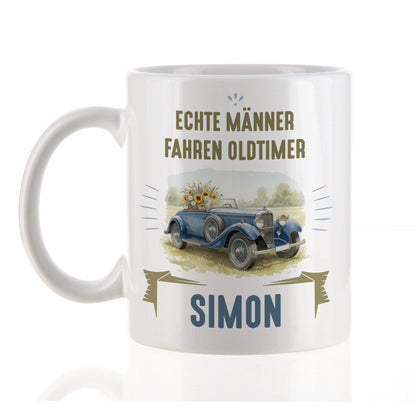 Keramiktasse mit Oldtimer-Motiv und Name Simon, Geschenkidee für Autofans
