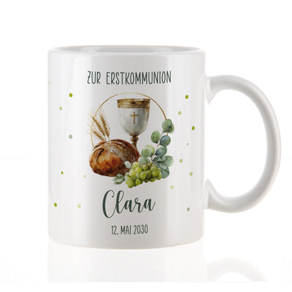 Keramiktasse mit religiösem Kelchmotiv als Geschenk zur Kommunion für Kinder