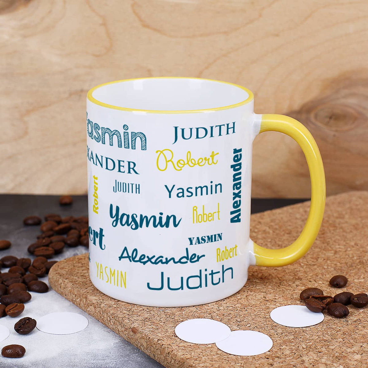 Familien-Tasse mit vier Namen, gelb