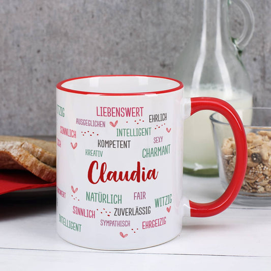  Tasse mit positiven Eigenschaften und Name bedruckt