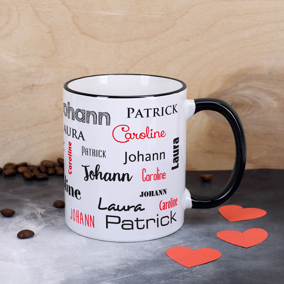 Familien-Tasse mit vier Namen, schwarz