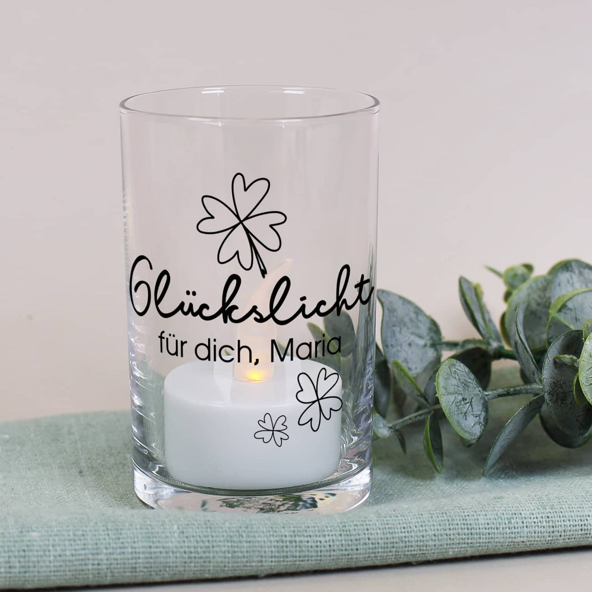 Bedrucktes Glückslicht aus Glas