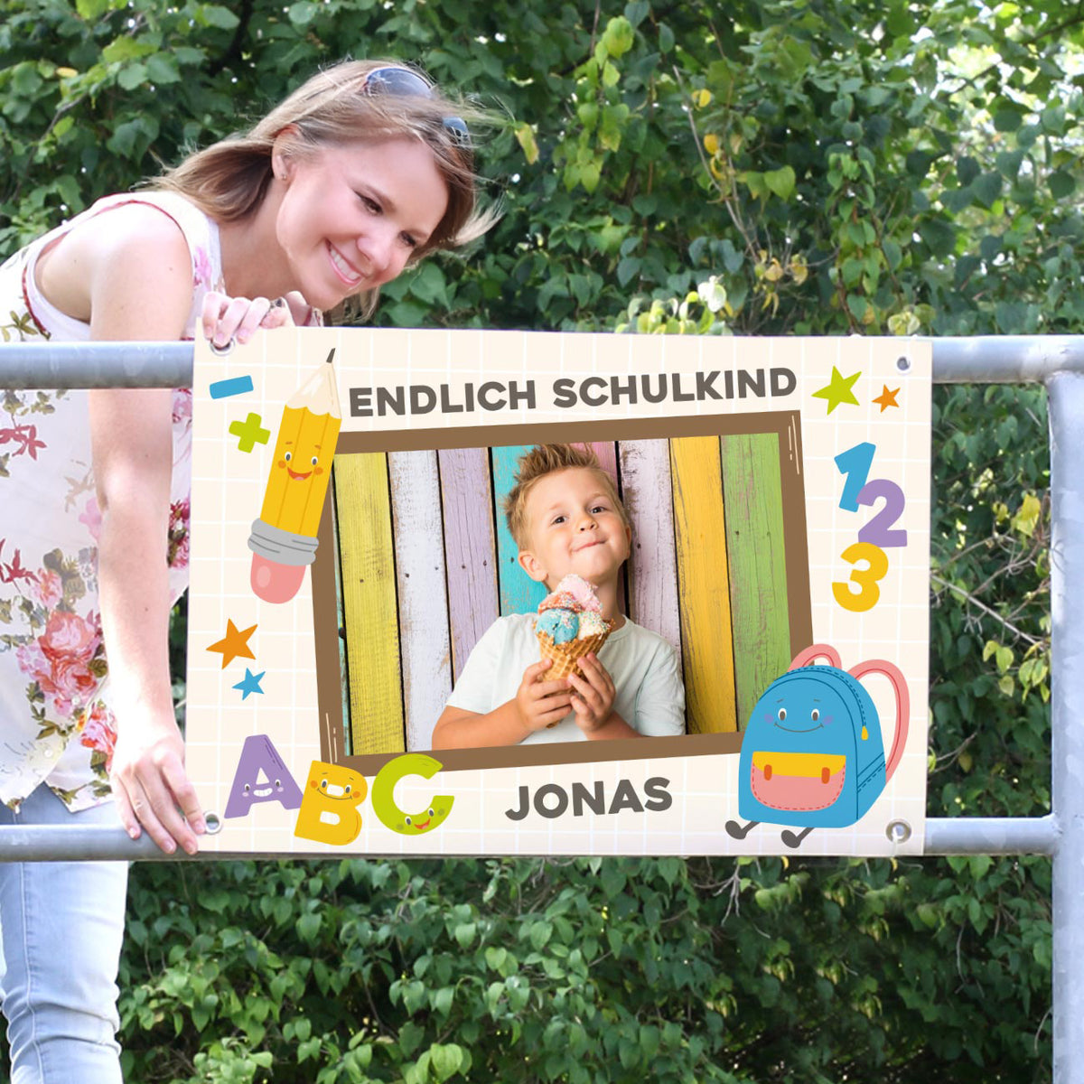 Endlich Schulkind - Banner zur Einschulung mit Foto