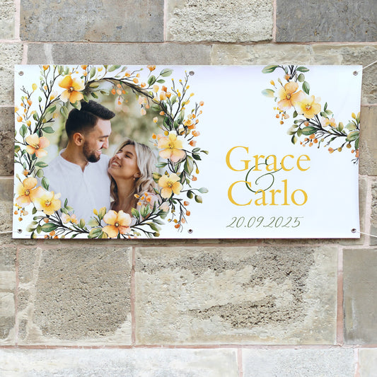 Foto-Banner zur Hochzeit mit Namen, Datum und Blumen-Motiv 160x80cm