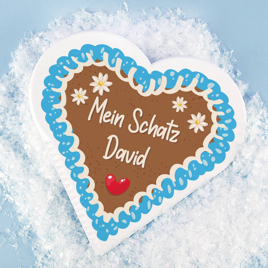 Eiskratzer in Herzform mit Lebkuchen-Motiv und zwei Zeilen Text nach Wunsch