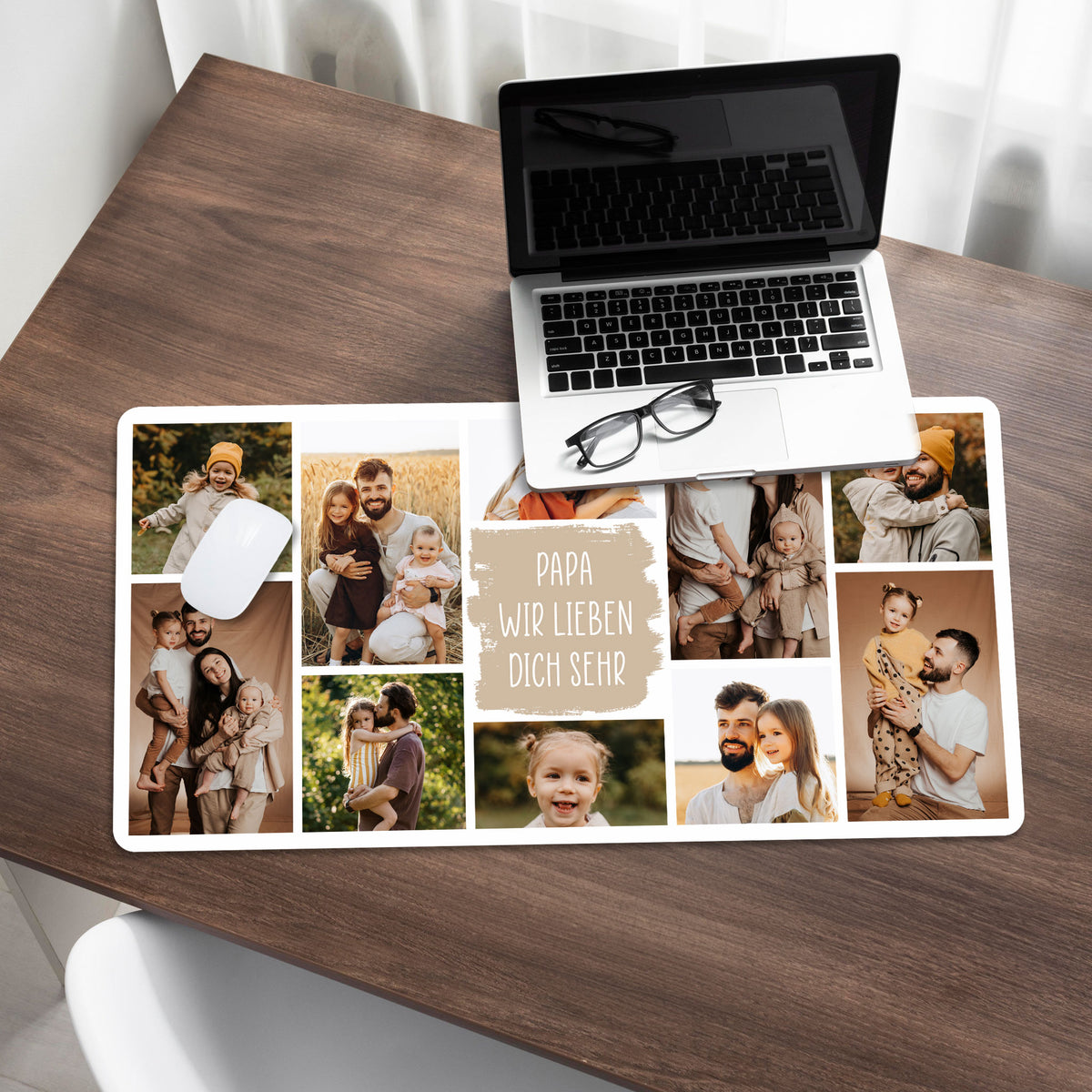 Mousepad im Einsatz mit Laptop & Brille auf Holzschreibtisch – dekorativ und funktional
