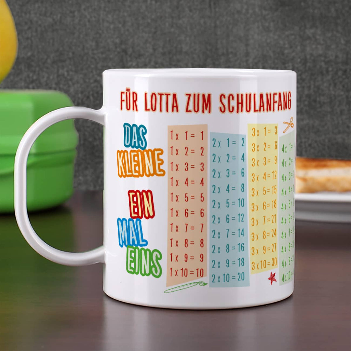 Tasse zum Schulanfang mit Einmaleins und Wunschtext