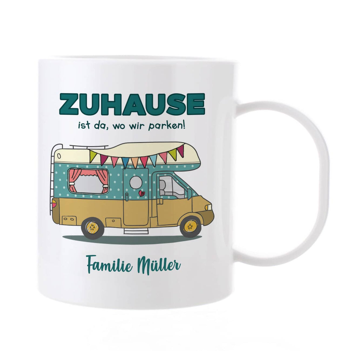 Campingtasse aus Kunststoff mit Wunschtext und Wohnmobil