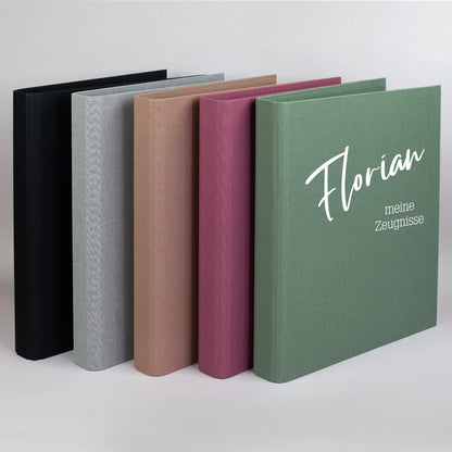 Verschiedene Dokumentenmappen aus Leinen in mehreren Farben, personalisiert mit Name Florian