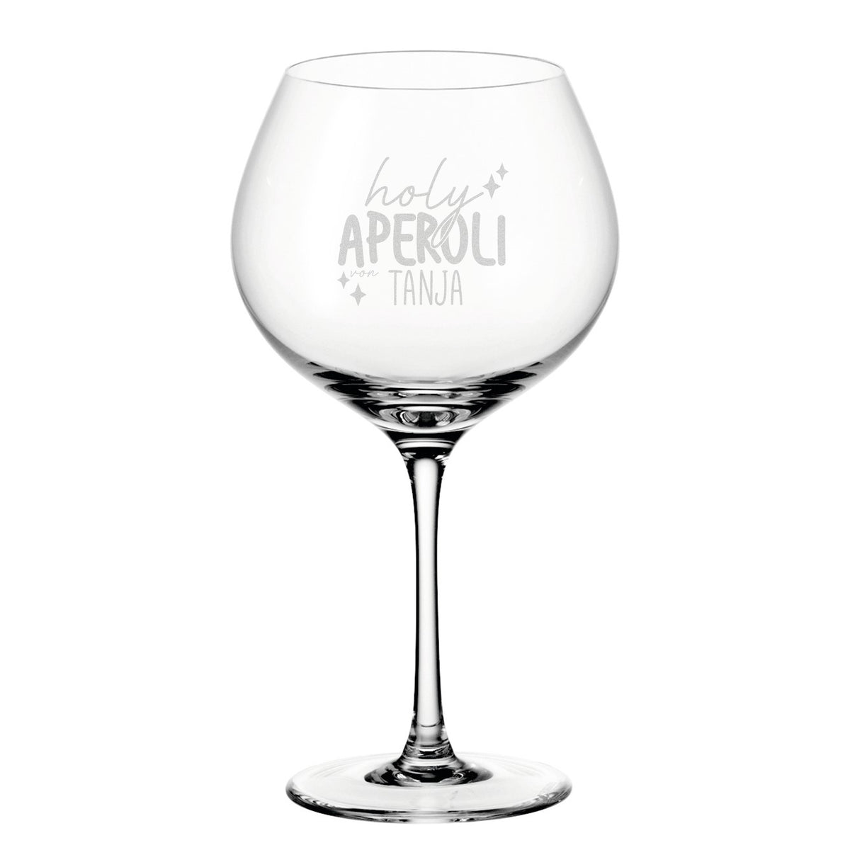 Freigestelltes Leonardo Weinglas mit Gravur „holy aperoli von Tanja“, klassisches Glas mit runder Form, ideal für Aperitif-Getränke und Cocktails.