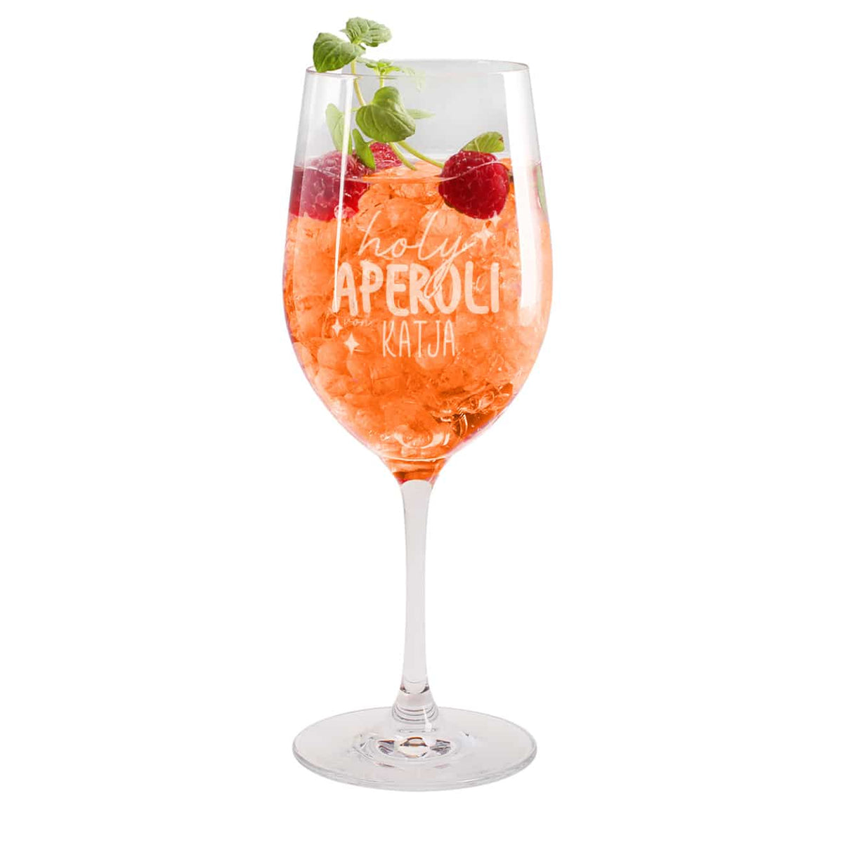 Personalisiertes Aperol Glas mit Namensgravur, Eis und Beeren dekoriert
