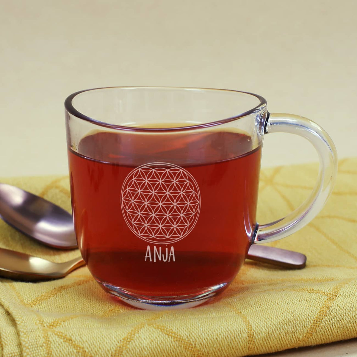 Teeglas - Lebensblume - mit Wunschtext graviert