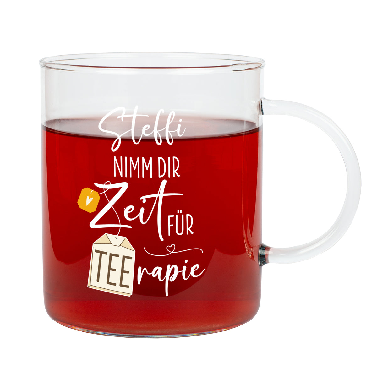 Freigestelltes Leonardo-Teeglas mit TEErapie-Spruch und personalisiertem Namen