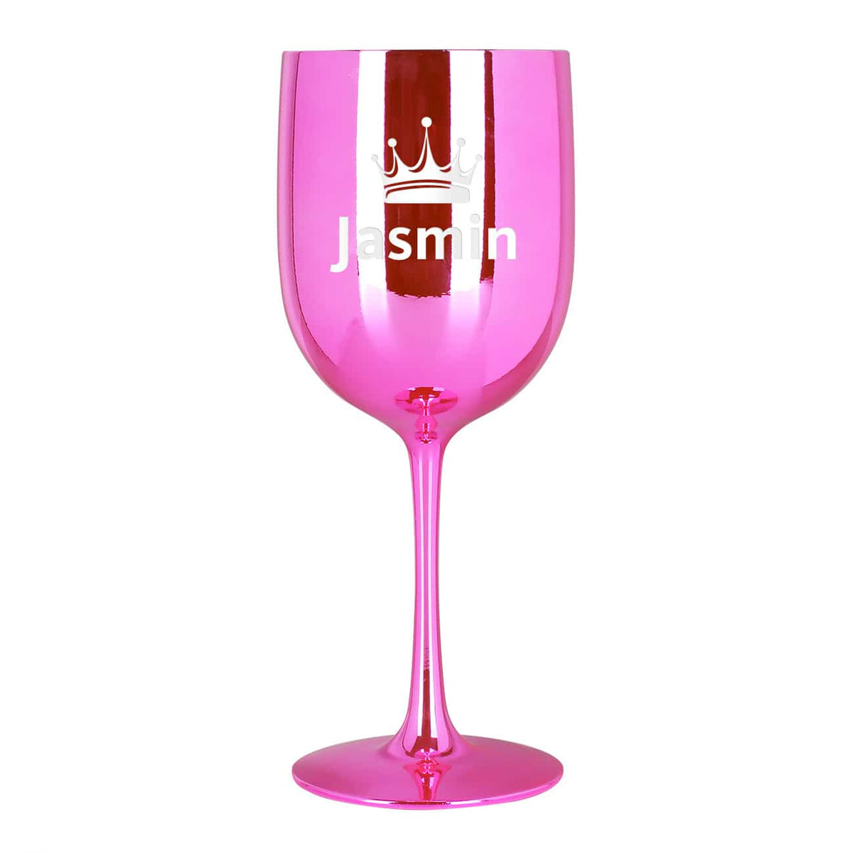 Weinkelch in Pink mit Gravur von Name und Krone