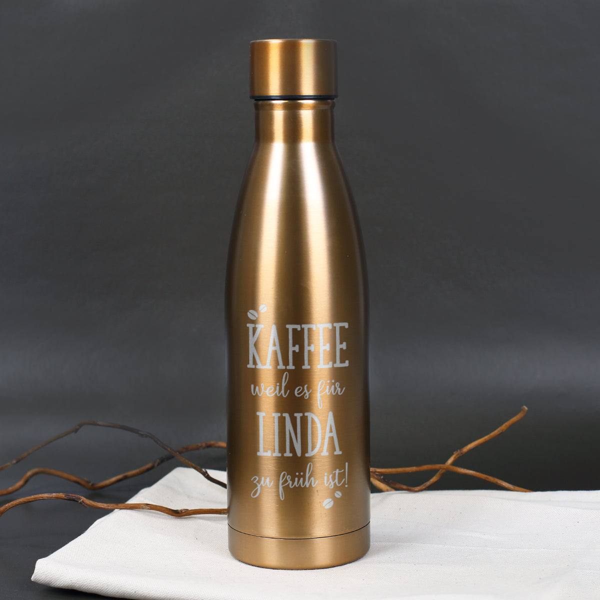Thermosflasche mit Kaffeemotiv und Wunschtext