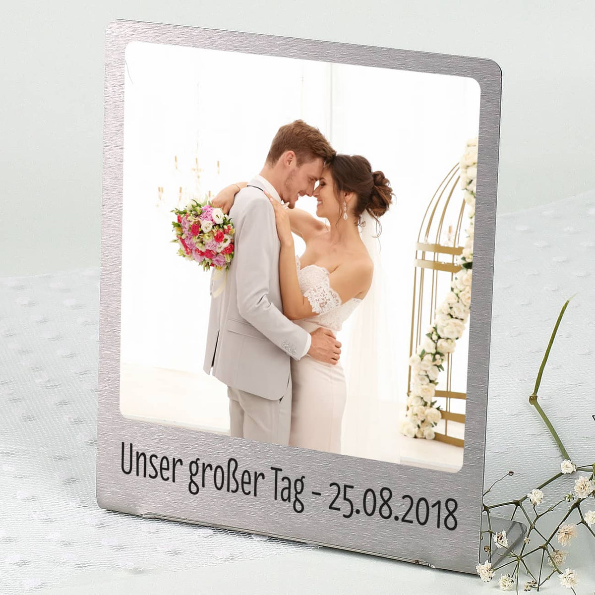 Großer Edelstahl Fotorahmen mit Ihrem Lieblingsfoto und Wunschtext