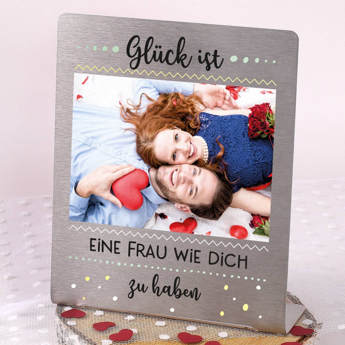 Foto-Aufsteller mit Ihrem Bild und Wunschtext 14x17 cm - Glück ist...