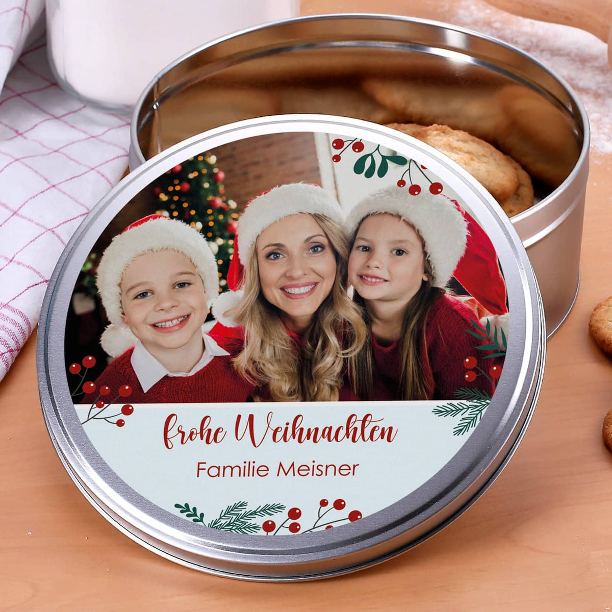 Weihnachtliche Keksdose mit Ihrem Foto und Text