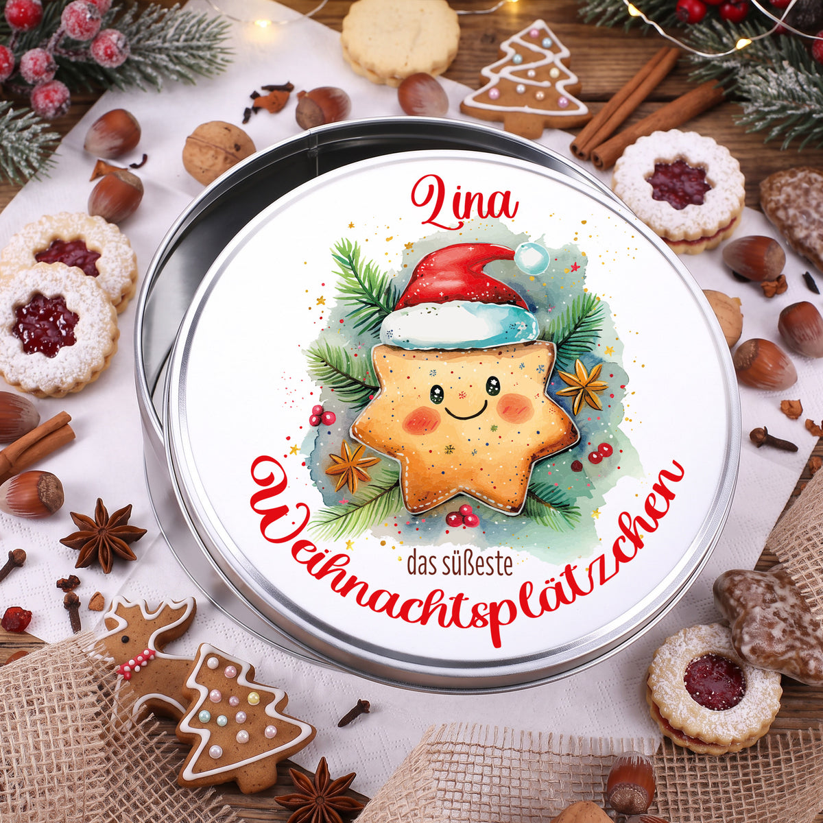 Personalisierte Metall Keksdose mit Name Lina und Weihnachtsplätzchen Motiv zu Weihnachten