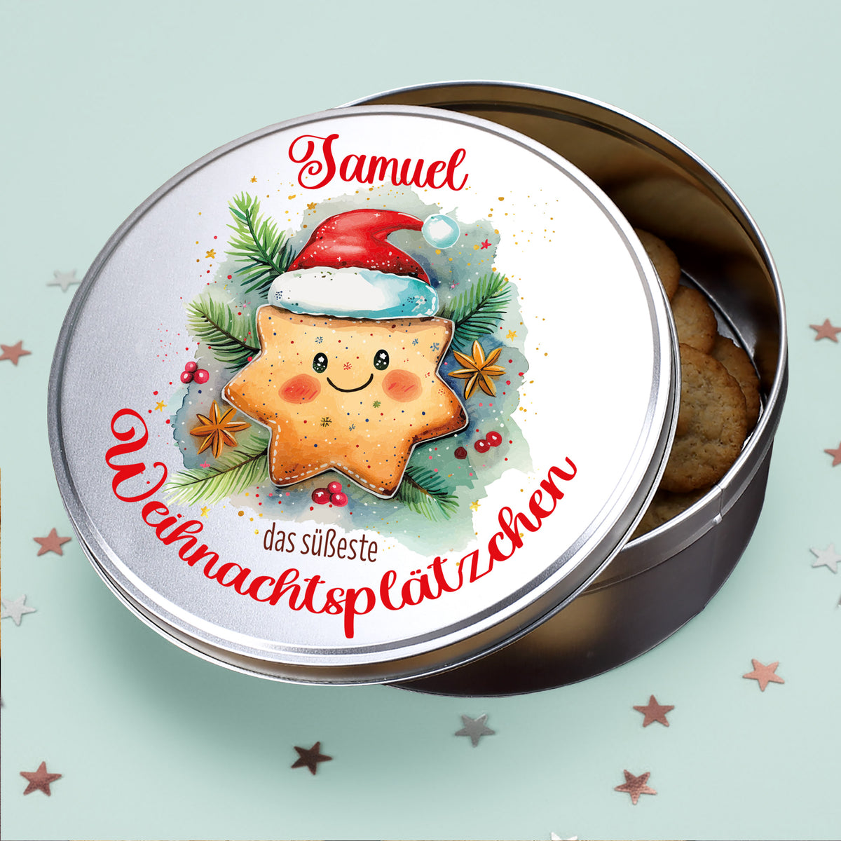 Geöffnete personalisierte Weihnachts Keksdose mit Name Samuel und Plätzchen