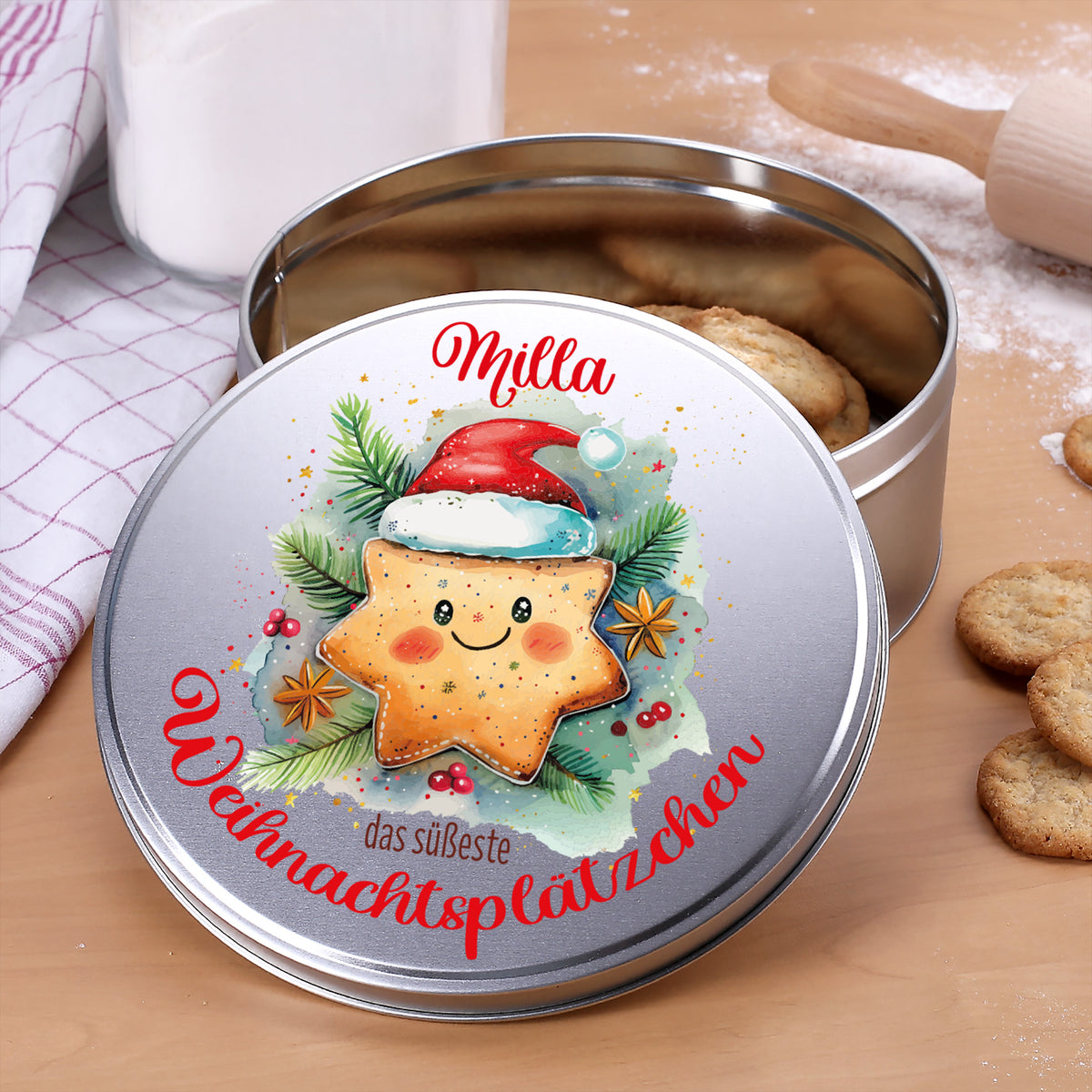 Personalisierte Blechdose mit Name Mila als Aufbewahrung für Weihnachtsplätzchen