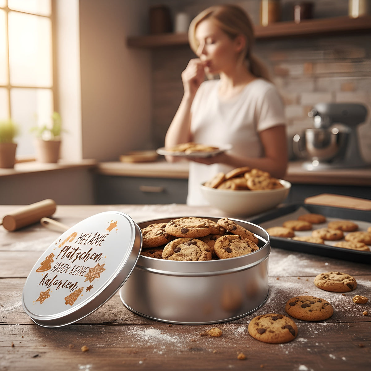 Personalisierte silberne Keksdose mit Aufdruck „Plätzchen haben keine Kalorien“ und Name Melanie auf Holztisch, gefüllt mit Chocolate Chip Cookies.