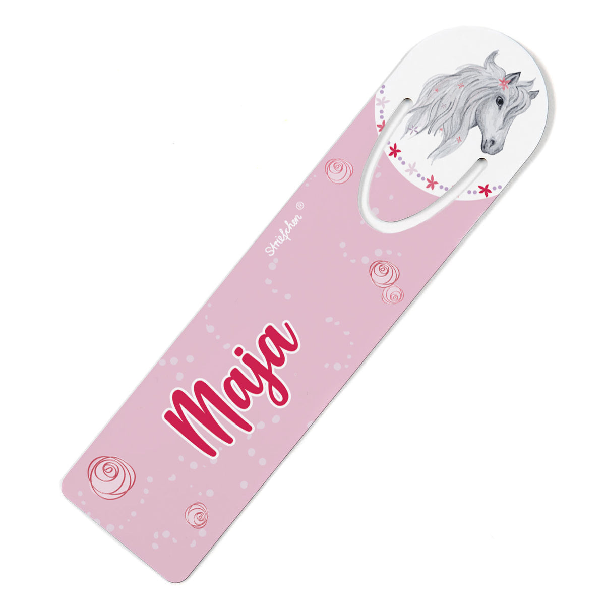 Lesezeichen mit Schimmel, Blumen und Name