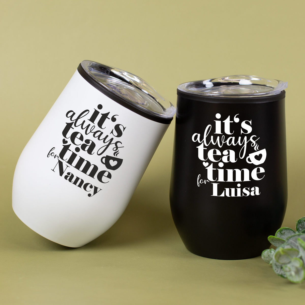 Schwarzer und weißer Thermobecher „Tea Time“ personalisiert mit Name, Edelstahl, mit Deckel