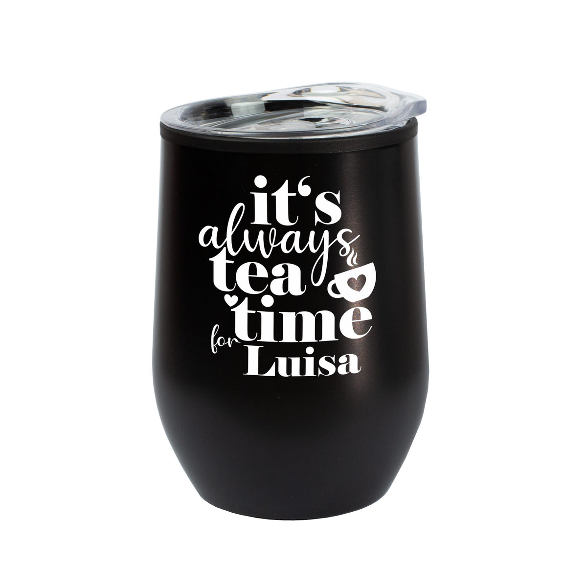 Schwarzer Thermobecher „Tea Time“ mit personalisiertem Namen, freigestellt auf weiß