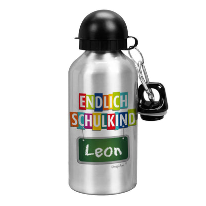 Silberne Trinkflasche bedruckt mit "Endlich Schulkind" und Ihrem Wunschname