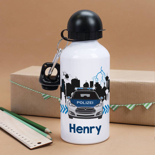 Trinkflasche aus Metall mit Name und Polizeiauto Motiv