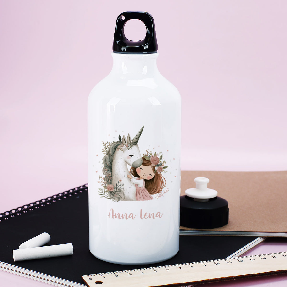 Personalisierte Aluminium-Trinkflasche im niedlichen Einhorn-Design mit Name bedruckt