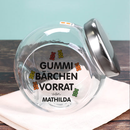 Personalisiertes leeres Gummibärchen-Vorratsglas mit Aufdruck „von Mathilda“ und silberfarbenem Deckel