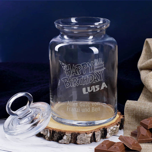 Glasdose mit Glasdeckel zum Geburtstag mit Gravur 