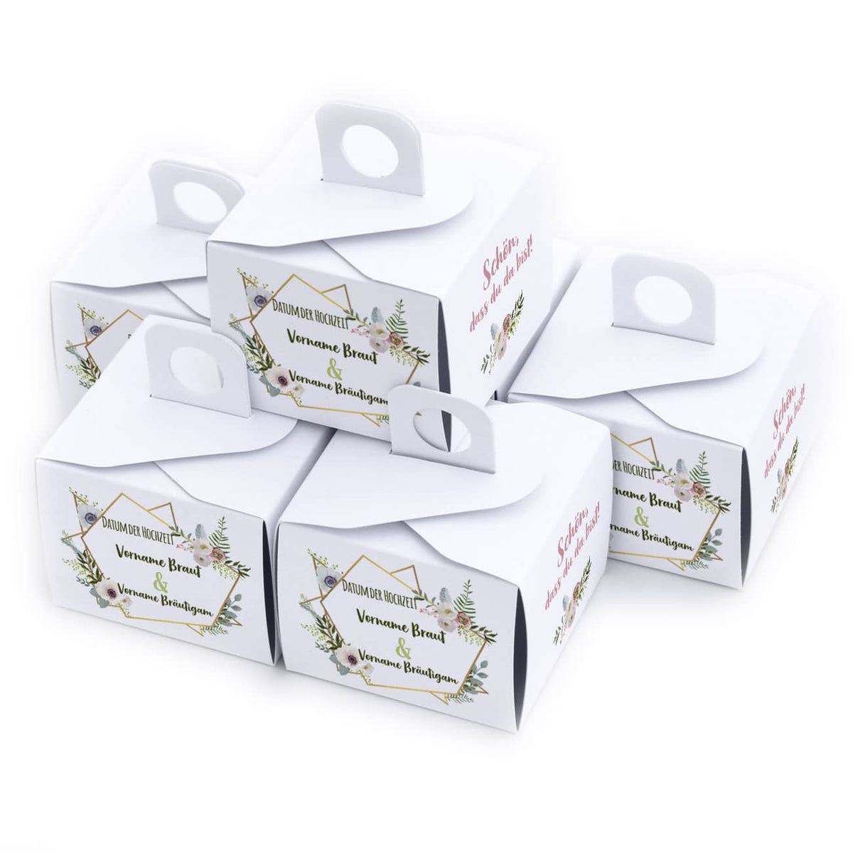 Verpackung für Gastgeschenke Hochzeit mit Namen, Datum und Blüten bedruckt