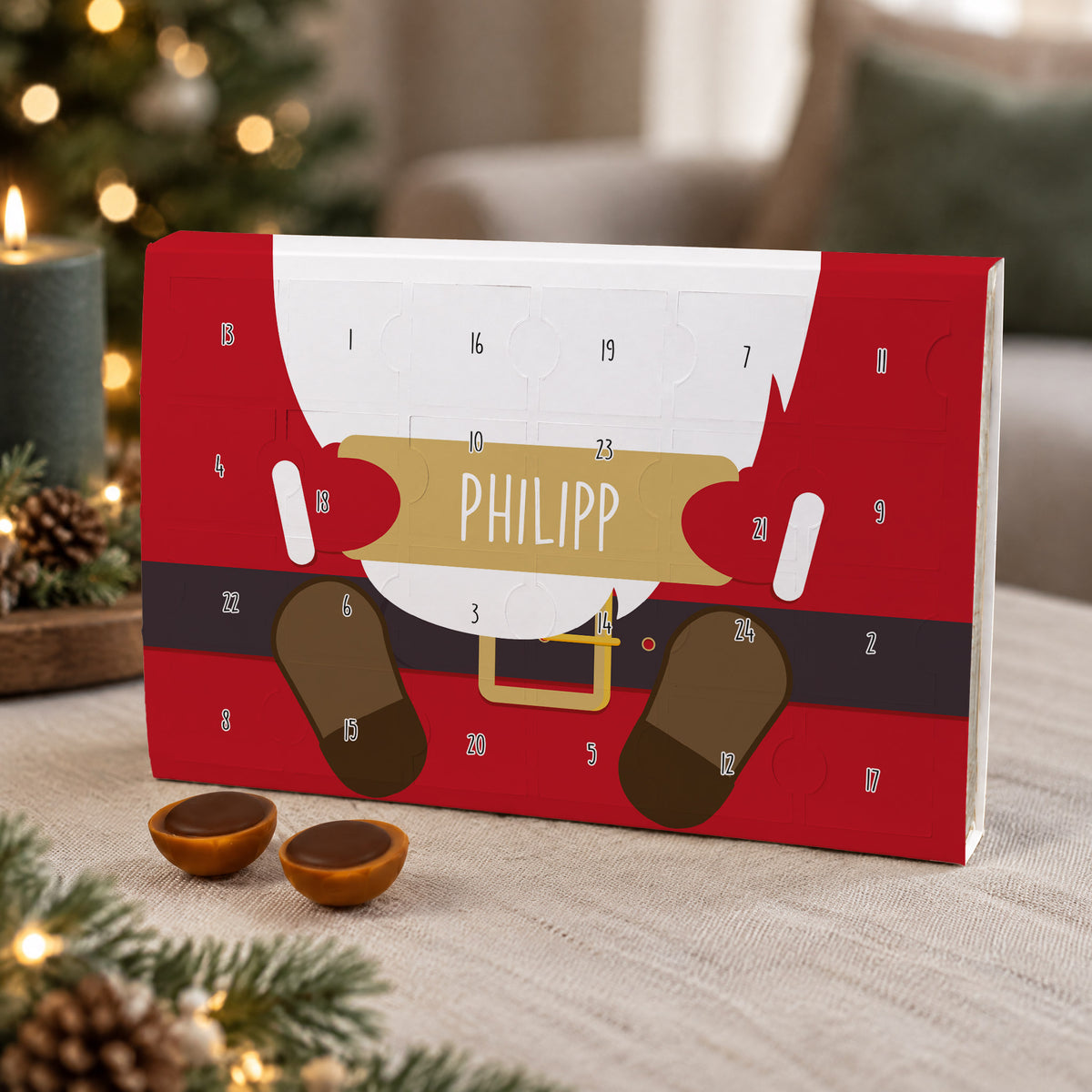 Toffifee Adventskalender mit Weihnachtsmann Motiv und Wunschnamen