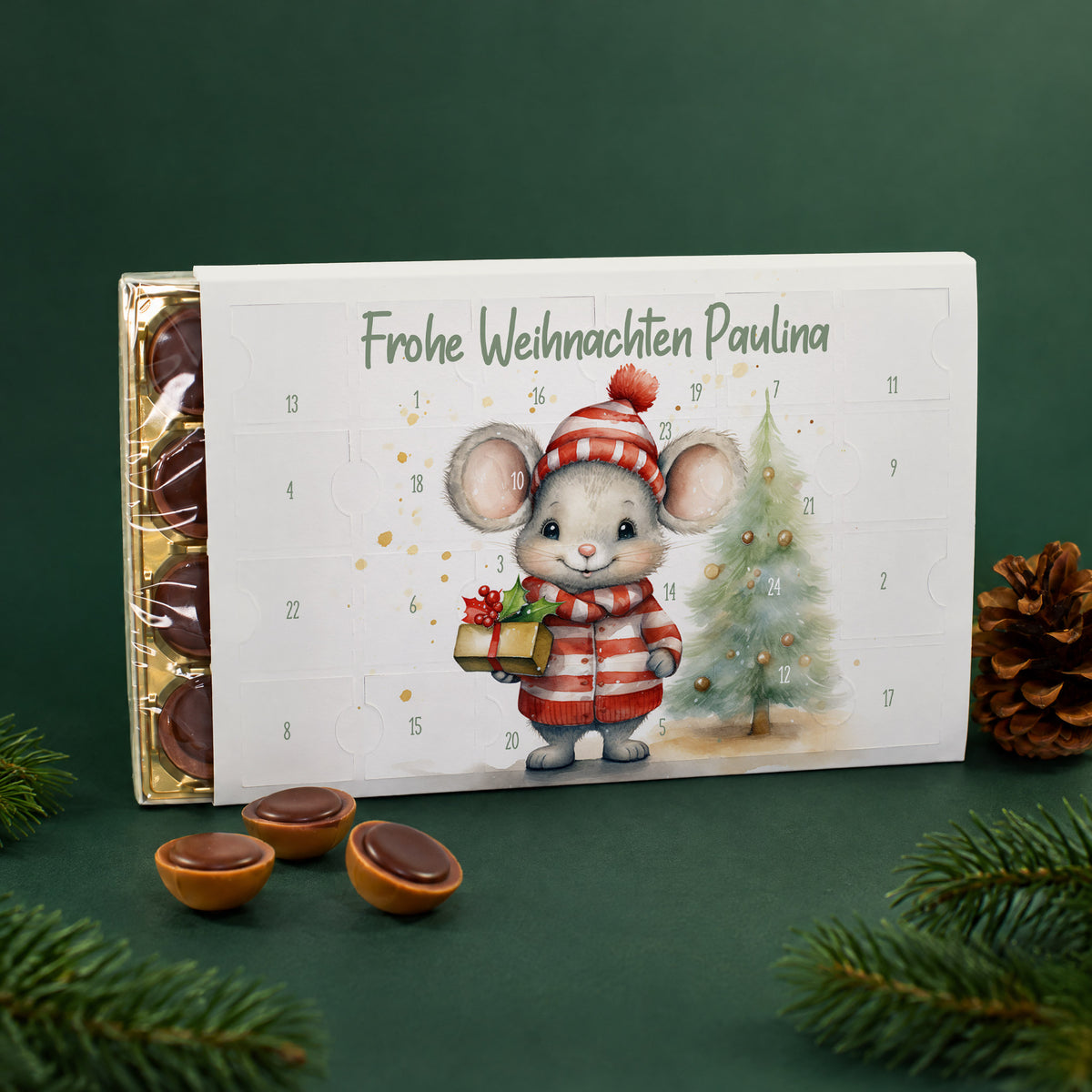 Toffifee Adventskalender mit Wunschtext und Wintermaus Motiv in weihnachtlicher Dekoration